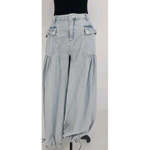 BiBi Blue Harem Jeans Large Flare Wide Leg Jeans with Adjustable‎ Hem